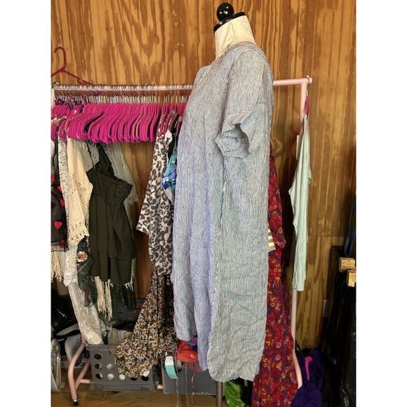 Tahari Dress Plus Size 1X Blue White Striped 100% Linen Shift Minimalist Coastal - Picture 5 of 9